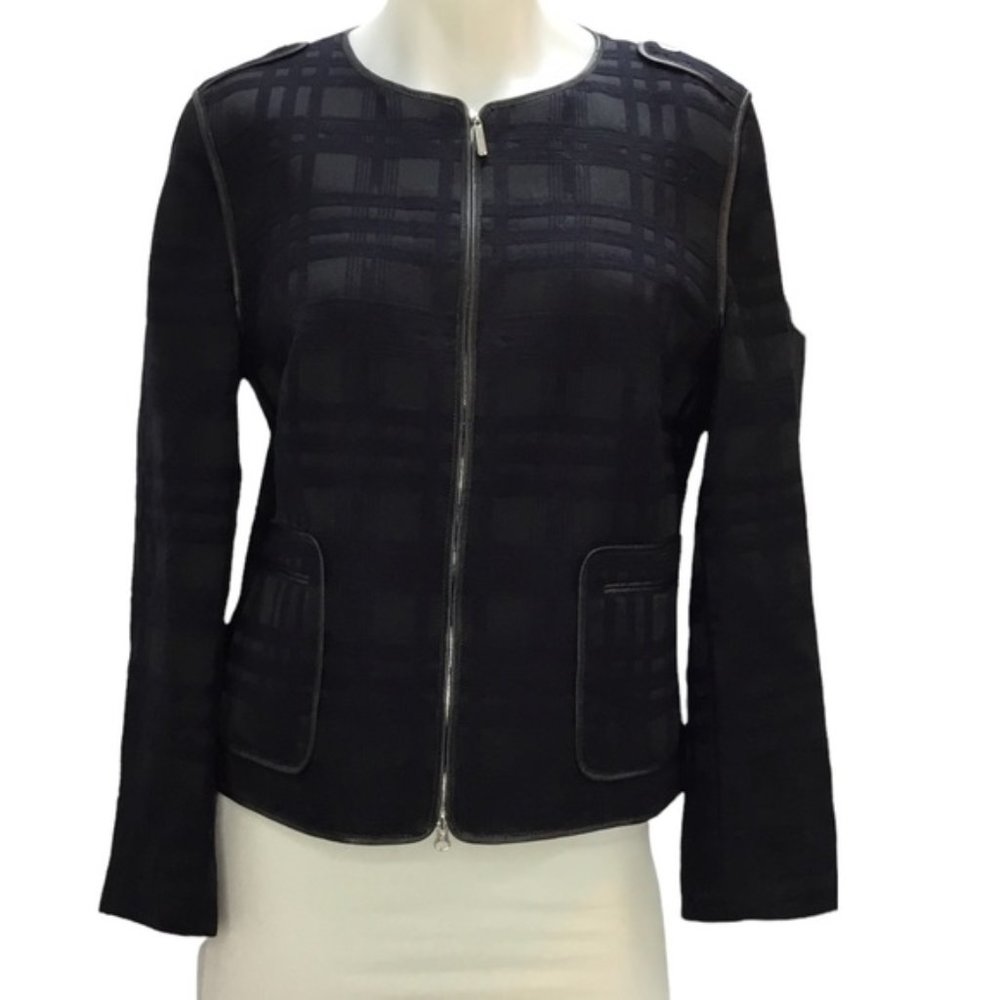 Escada Sport Wool Silk Blend Navy Black Textured Casual Full Zip Jacket Size 40